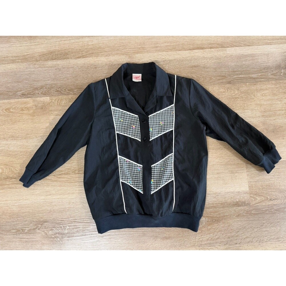 G.W Women’s Petite Black Gingham Collared Long Sleeve Button Front Blouse 90s